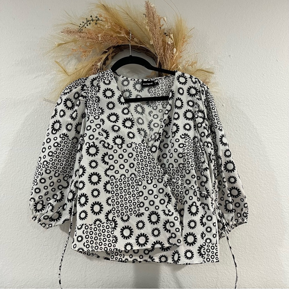 Euc Desigual Puff Sleeve Patchwork Wrap Blouse Top - image 8